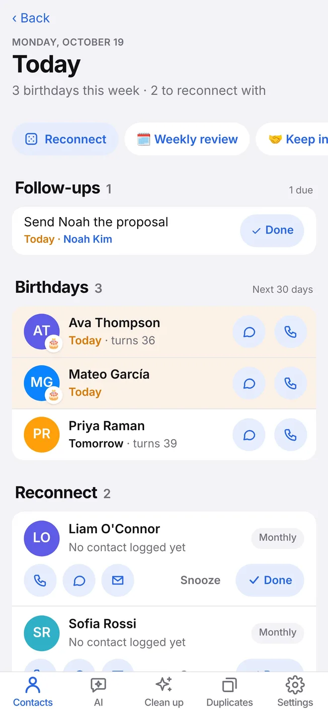 The ContactsLuX Today screen: follow-ups, three birthdays this week and two people to reconnect with