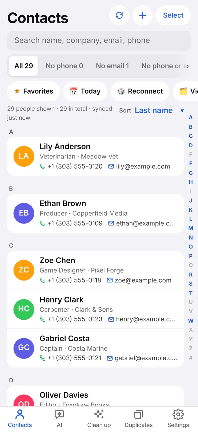 Contacts list with quick filters and an A to Z index