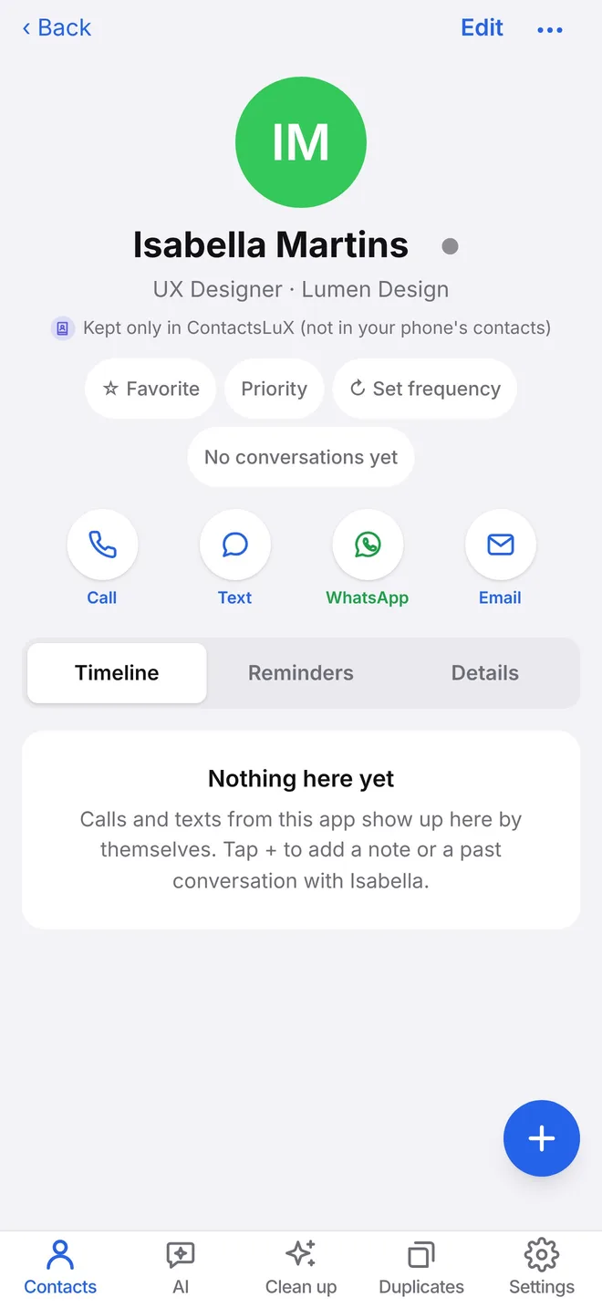 A contact page with call, text, WhatsApp and email buttons