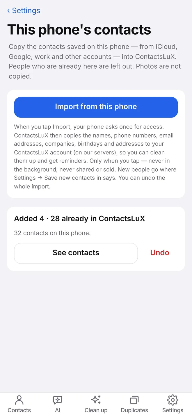 Importing contacts from the phone