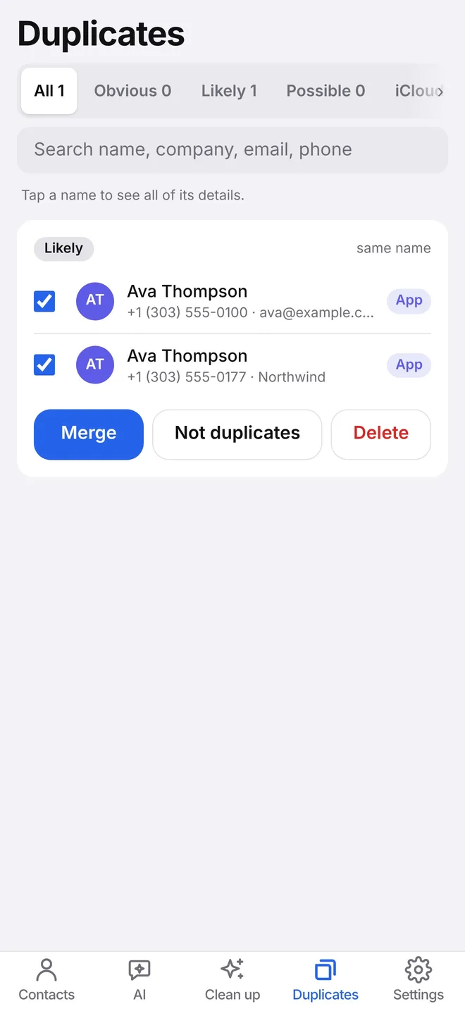 Duplicates screen showing a likely match ready to merge