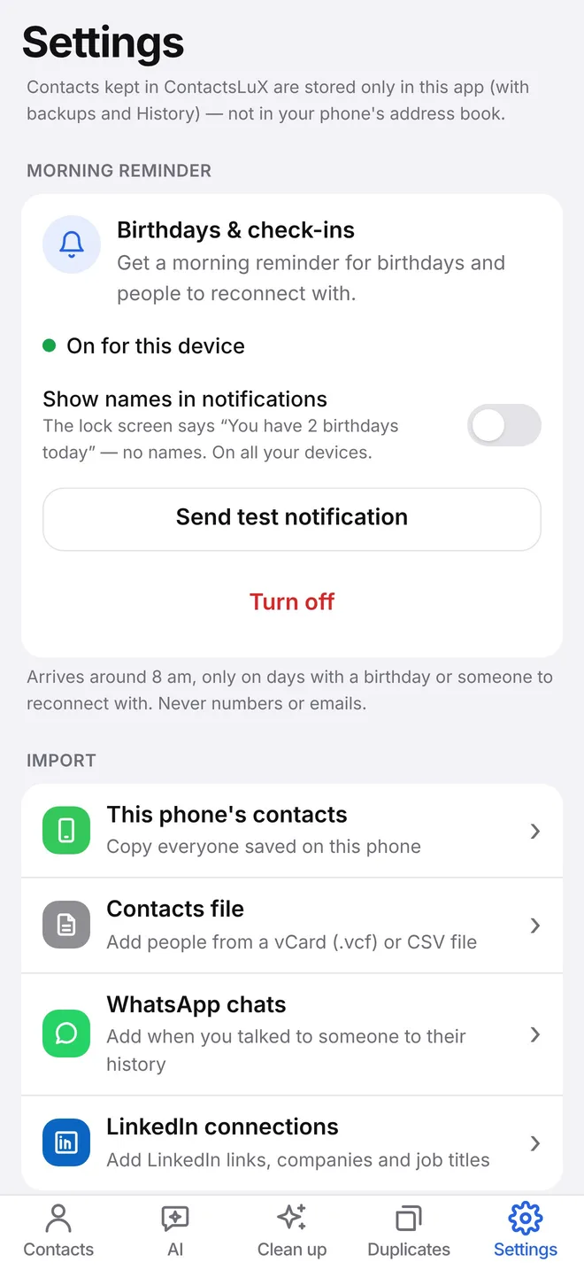 Settings for the morning reminder and imports